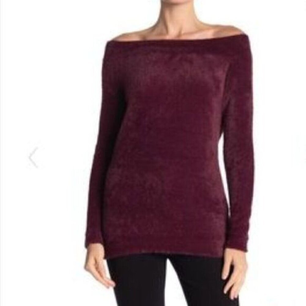 LOVE TOKEN Fuzzy Off Shoulder Sweater Burgundy M NEW